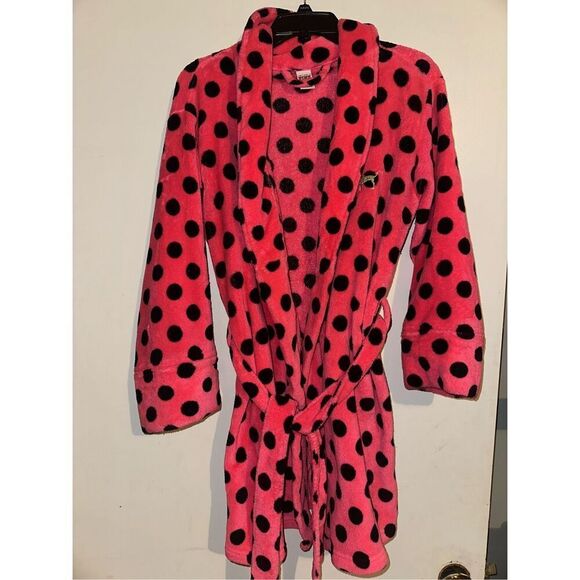 VICTORIA'S SECRET PINK Black Polka Dot Tie Belt Wrap Plush Robe Begonia XS/S Bar - Picture 1 of 5